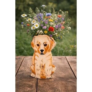 Nina Lyman Signed Dog Vase Golden Retriever Ceramic‎ Figural Folk Art Vase